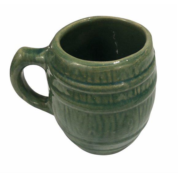 Vintage McCoy Green Pottery Barrel Mug - Picture 3 of 5